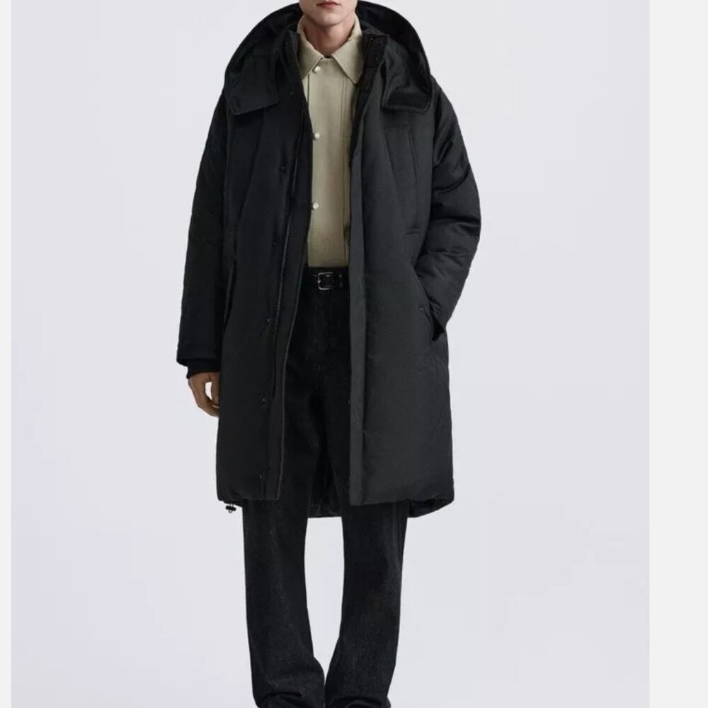 MEN Zara Charcoal Grey Black Quilted Parka With Detachable Hood Coat Size L NWT - Picture 8 of 13